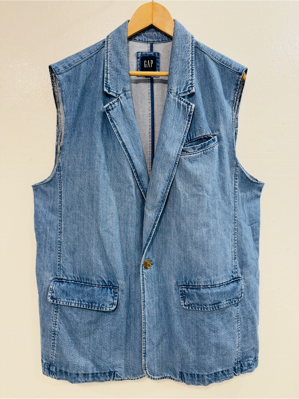 GAP Denim Blazer Vest XXL Blue Sleeveless Longline Jean Jacket Oversized - Picture 2 of 8